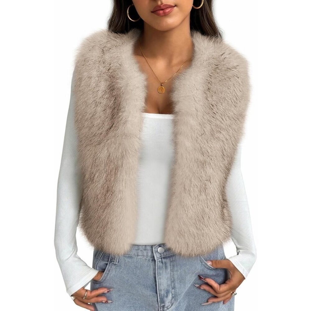 Women's Khaki Faux Fur Vest Fall Fashion Sleeveless Fuzzy Jacket Fluffy Coats